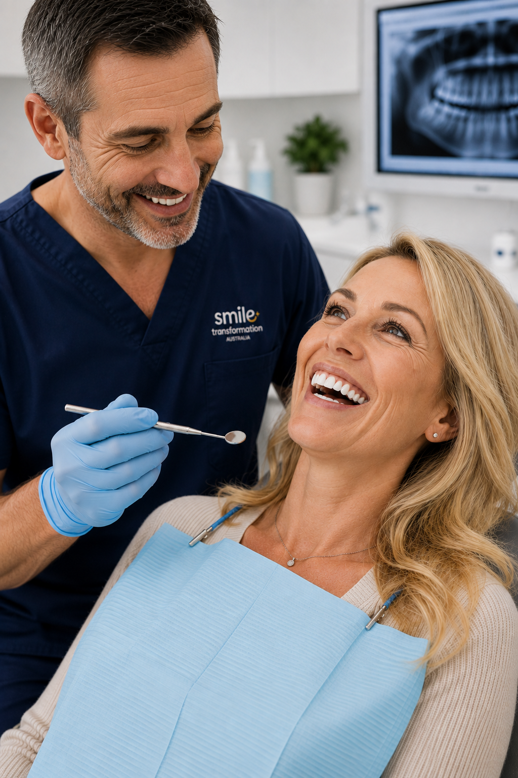 Patient laughing with her dentist in a modern dental clinic